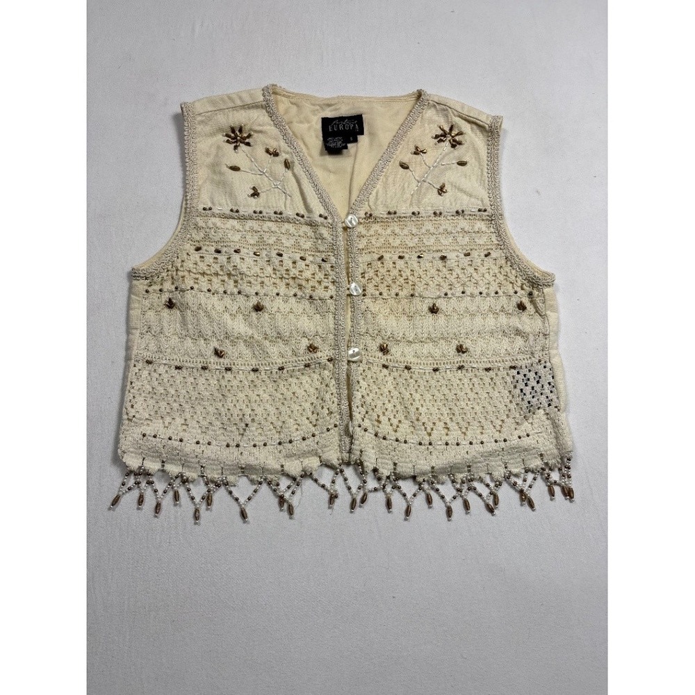 Boutique Europa Women's Crochet Vest Ivory Beaded Floral Fringe Small
